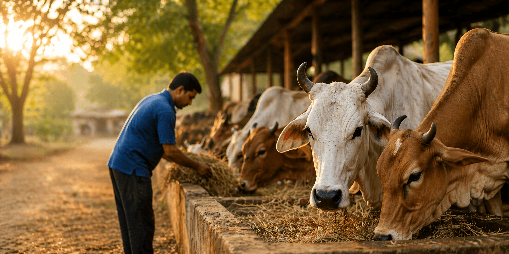 Punya volunteers caring for cows at a gaushala