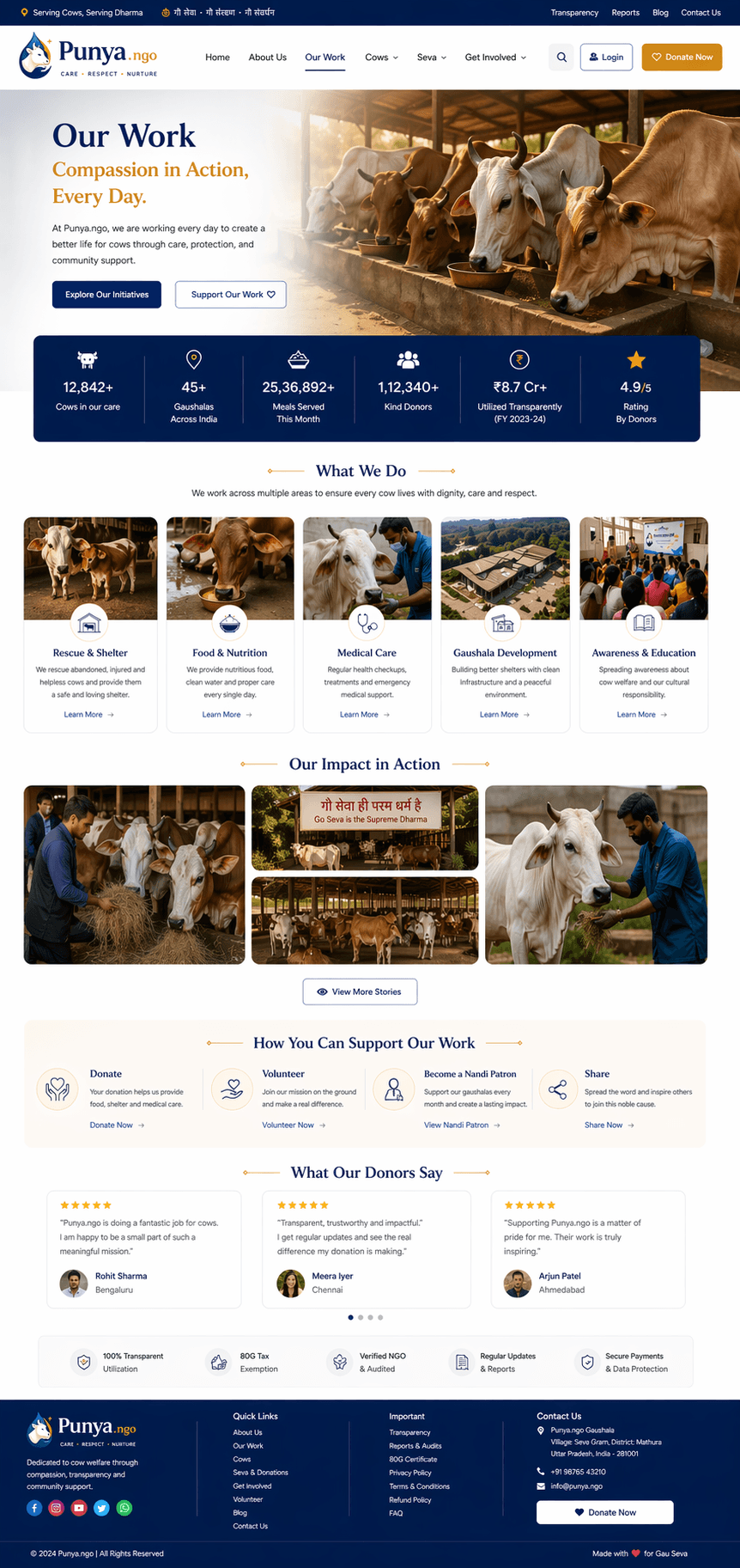 Punya team caring for cows at a gaushala